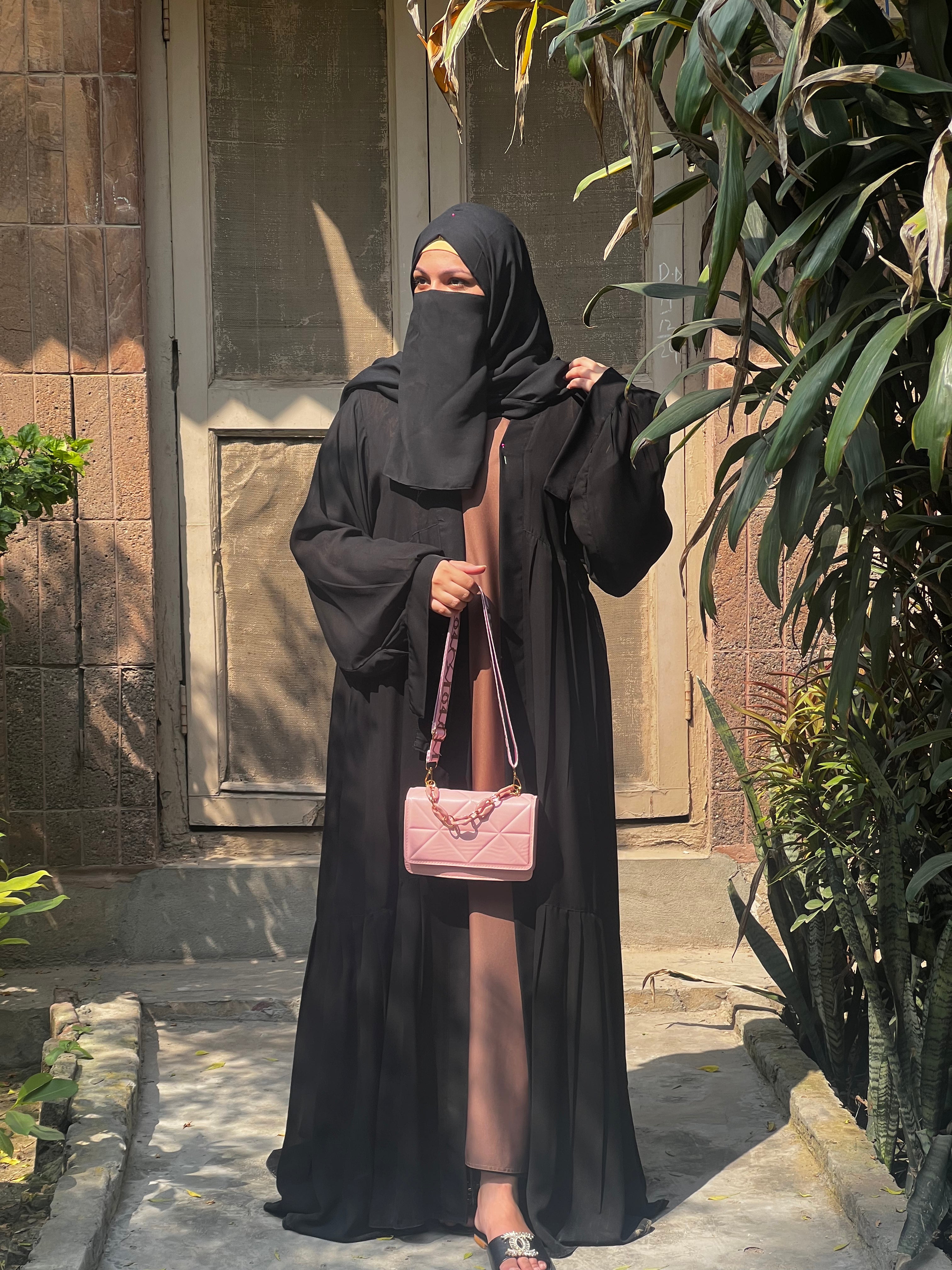 Brown-Black Double Layered Abaya Set - E Burqa - Quality Guaranteed GENZ Abayas